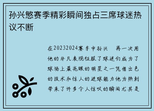 孙兴慜赛季精彩瞬间独占三席球迷热议不断