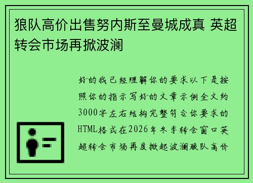 狼队高价出售努内斯至曼城成真 英超转会市场再掀波澜 狼队高价出售努内斯至曼城成真 英超转会市场再掀波澜