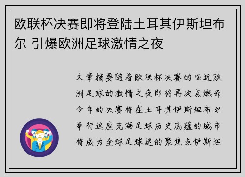 欧联杯决赛即将登陆土耳其伊斯坦布尔 引爆欧洲足球激情之夜